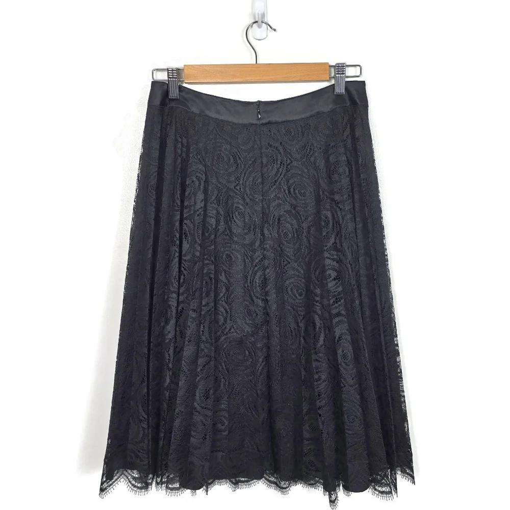 Vintage Escada Pleated Lace Skirt Scalloped Hem US 6 Black